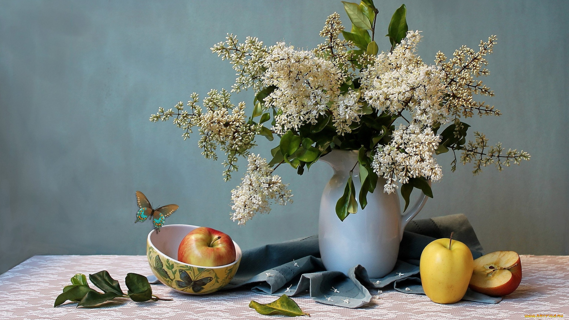 цветы, сирень, бабочка, букет, яблоки