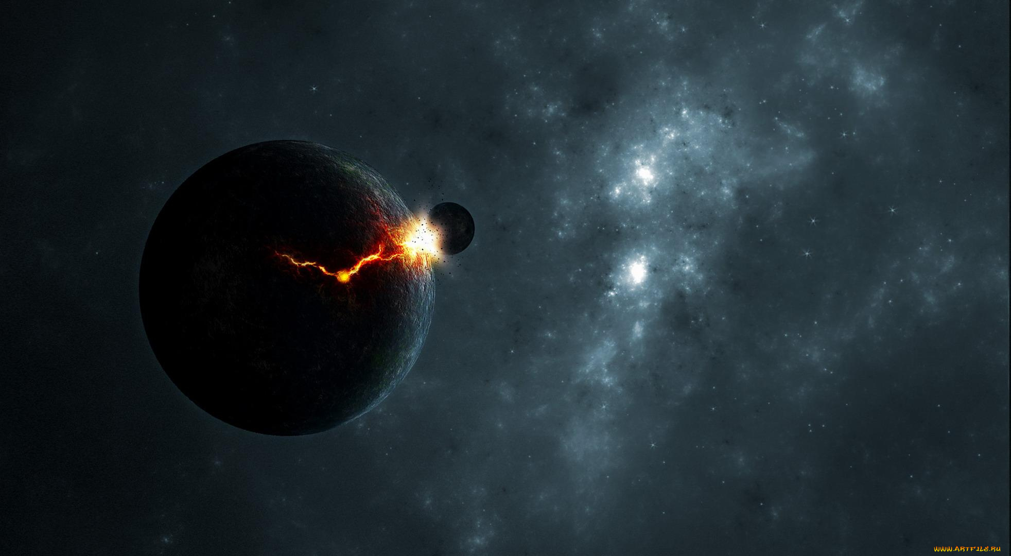 космос, арт, планеты, звезды, катастрофа, разрушение