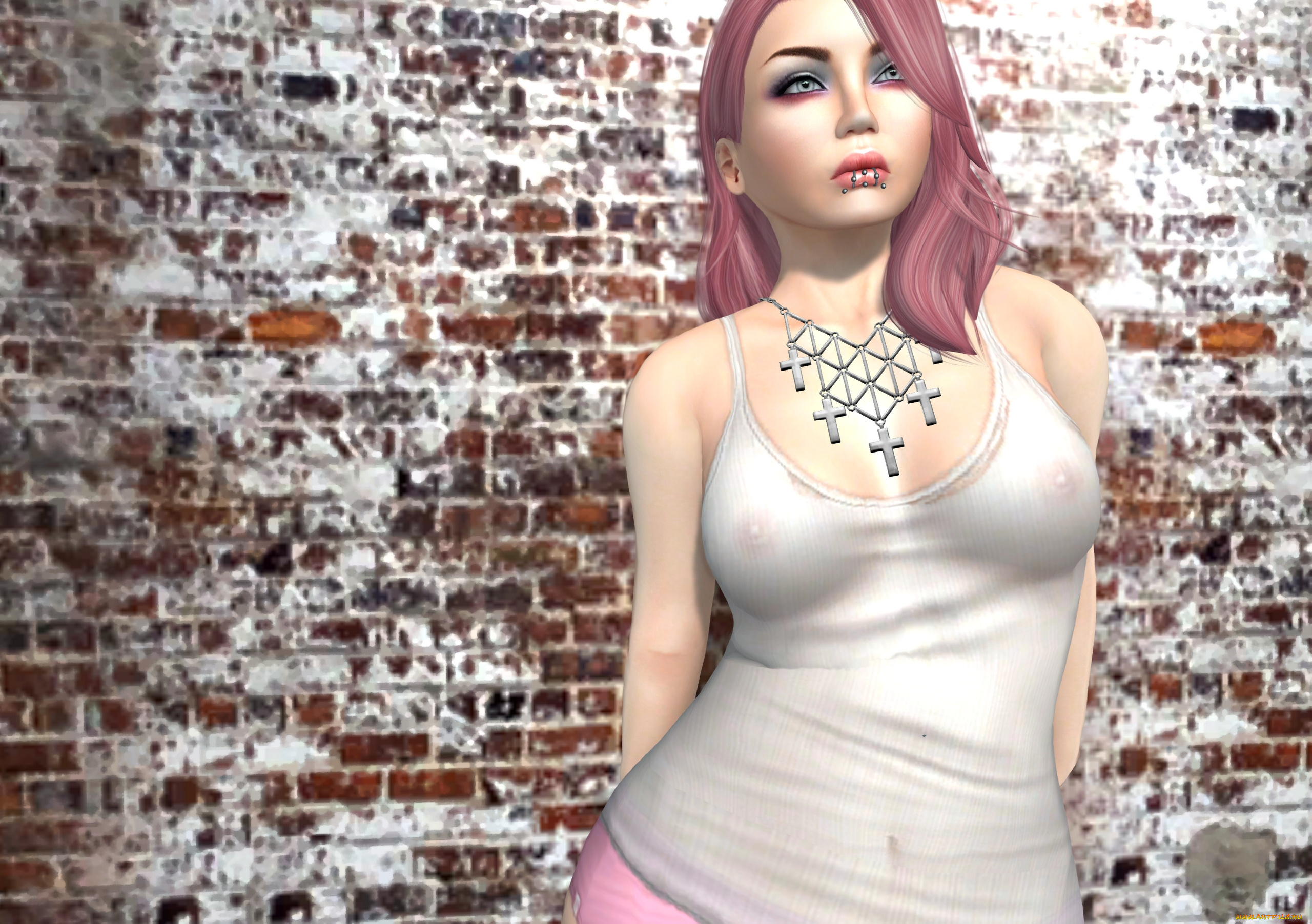 3д, графика, people, люди, девушка, пирсинг, ожерелье, кресты, майка, грудь, стена, кирпичи