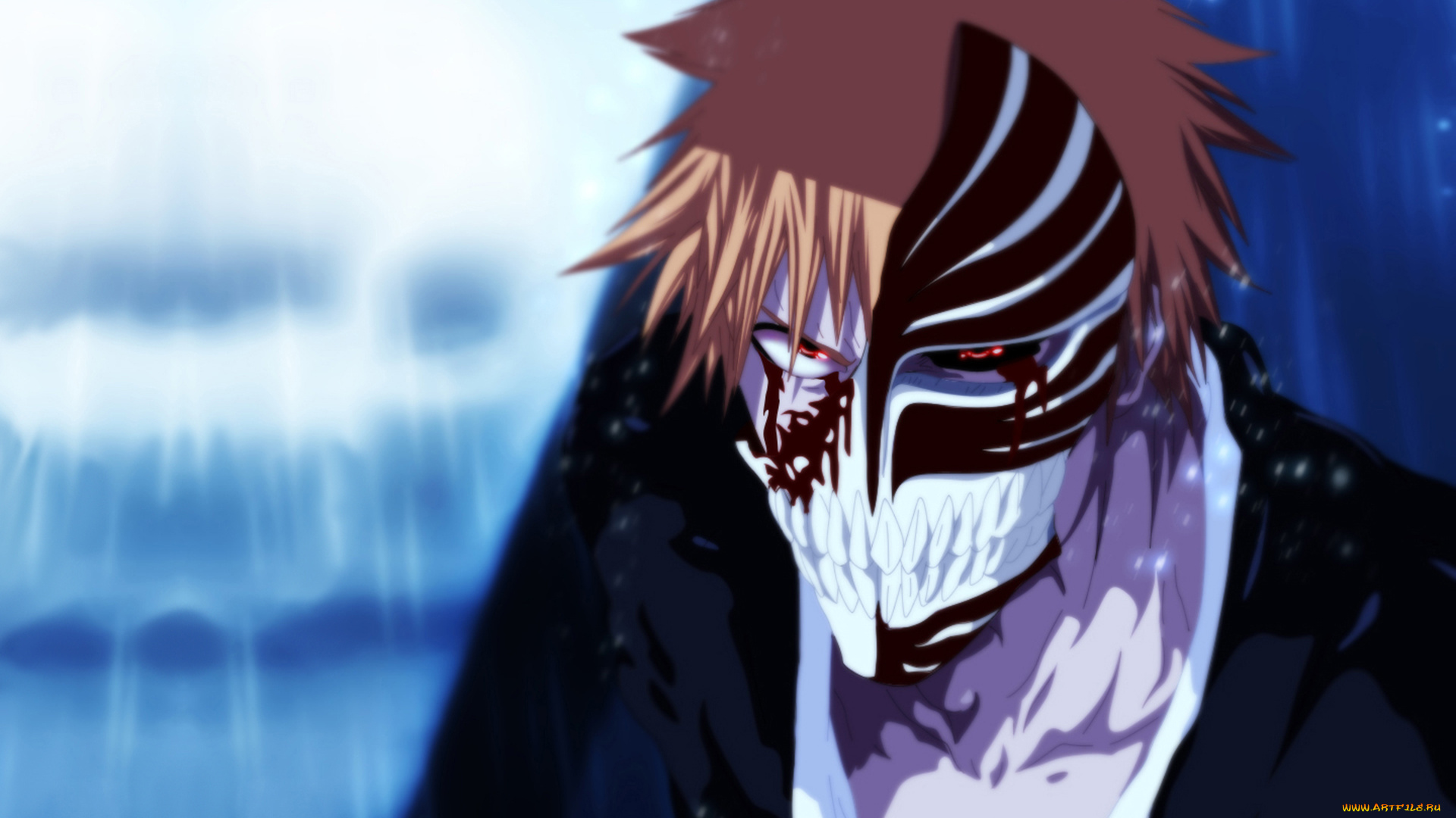 аниме, bleach, kurosaki, ichigo, блич, кровь, маска, пустого