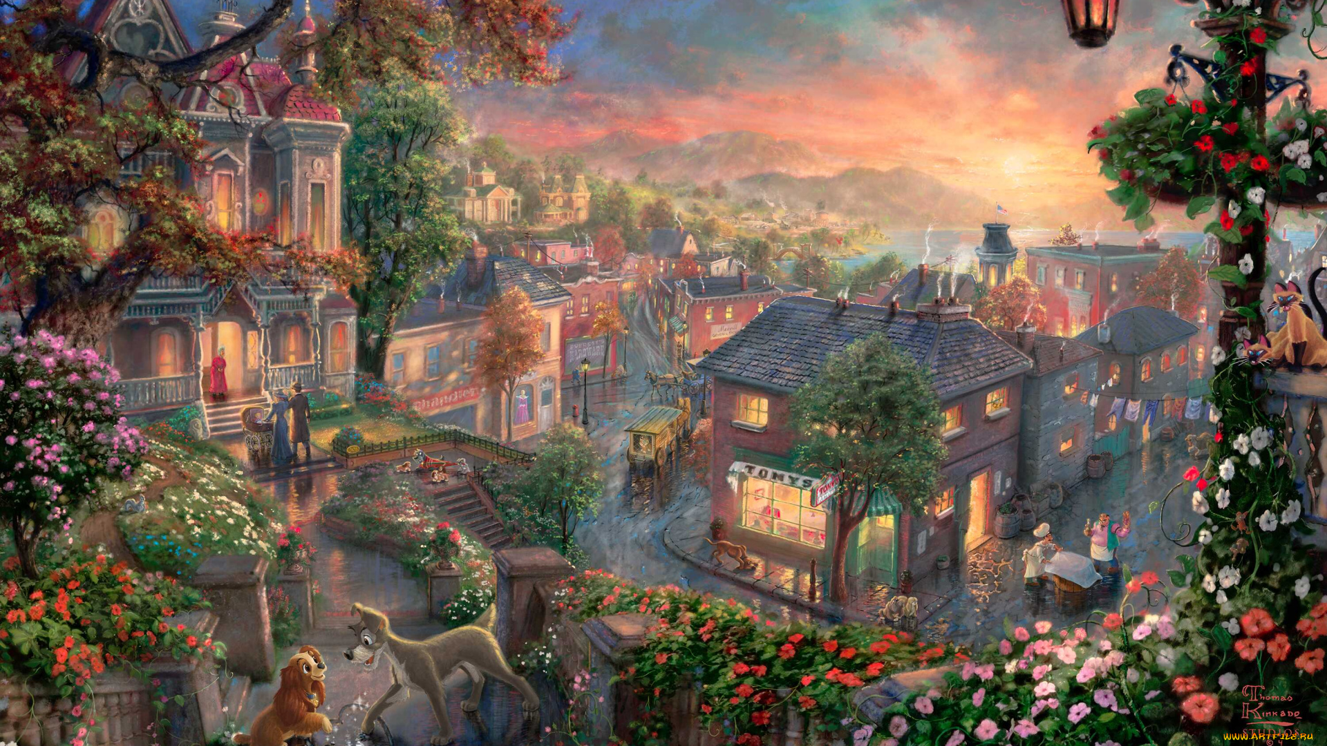 lady, and, the, tramp, рисованные, thomas, kinkade, бродяга, леди, кокер-спаниель, томас, кинкейд