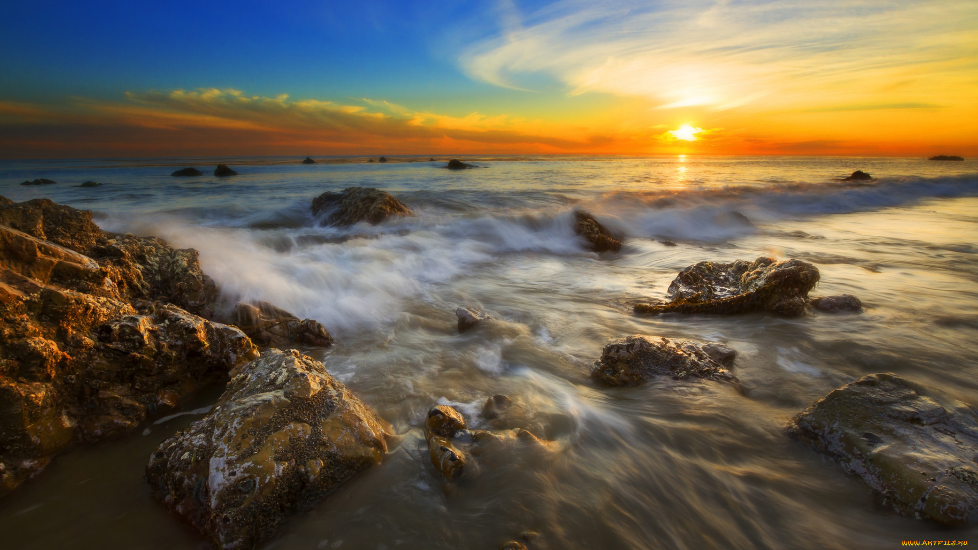 природа, восходы, закаты, горизонт, тучи, волны, камни, солнце, океан