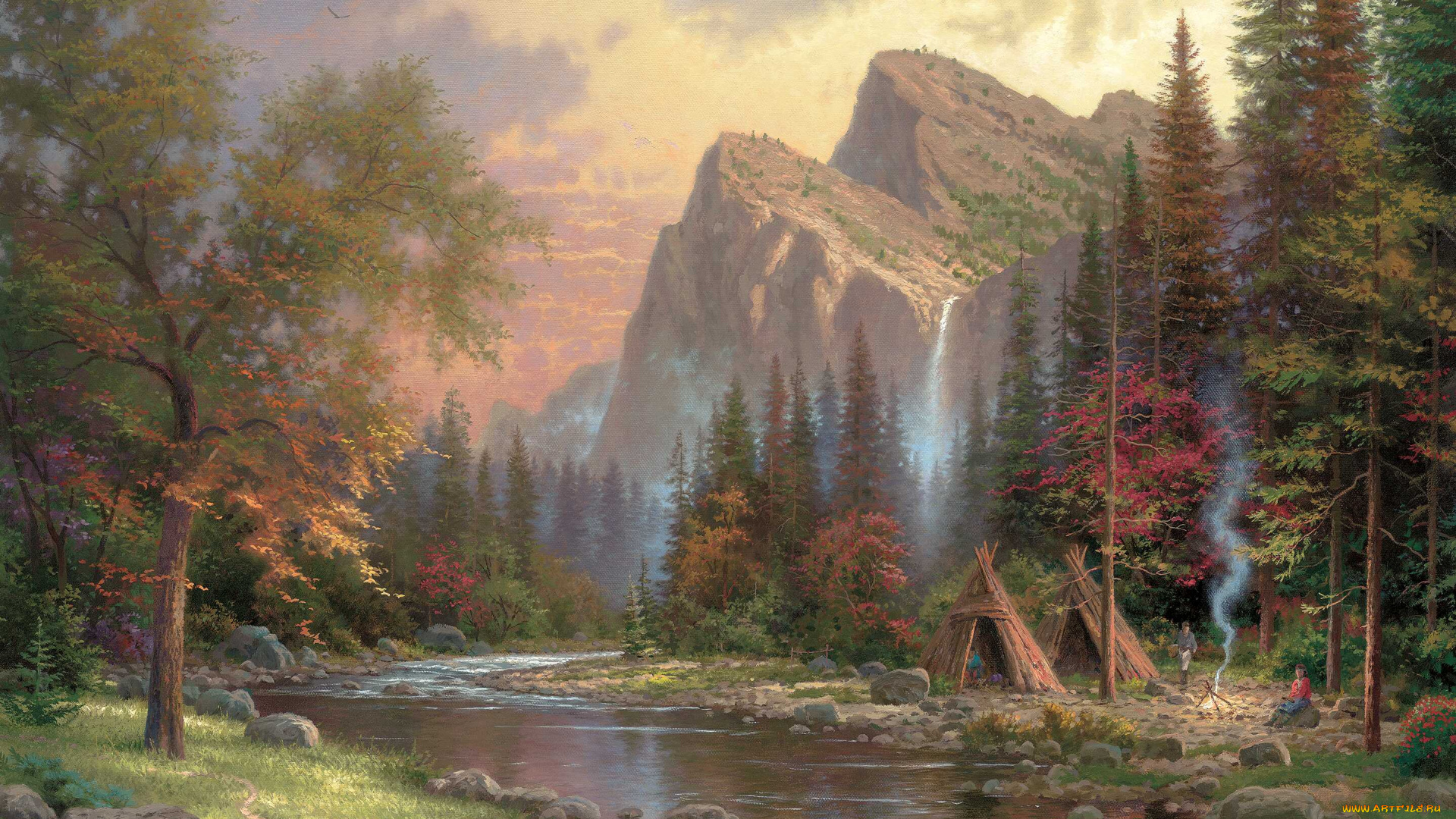 the, mountains, declare, his, glory, рисованные, thomas, kinkade, томас, кинкейд, шалаш, юрта, костер