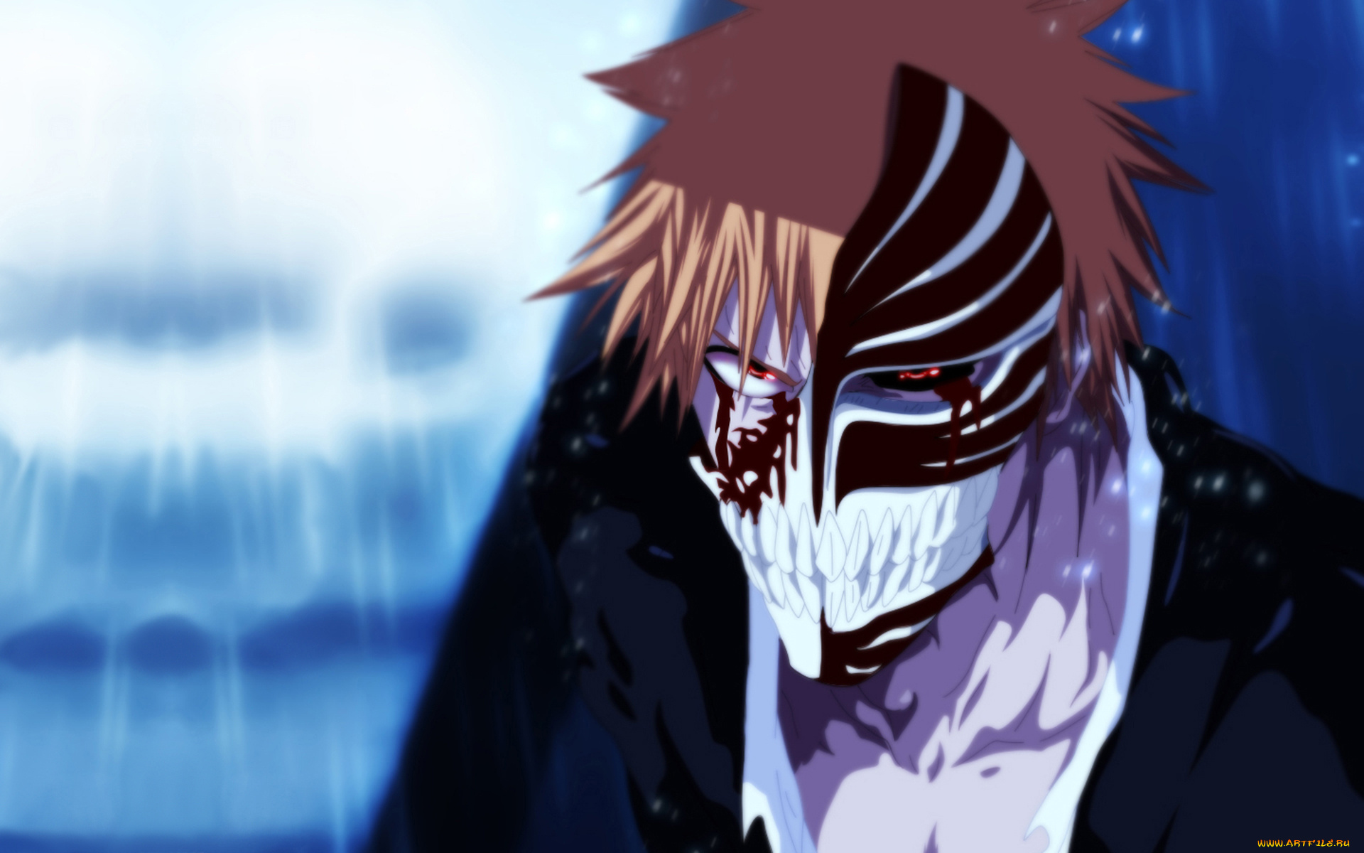 аниме, bleach, kurosaki, ichigo, блич, кровь, маска, пустого