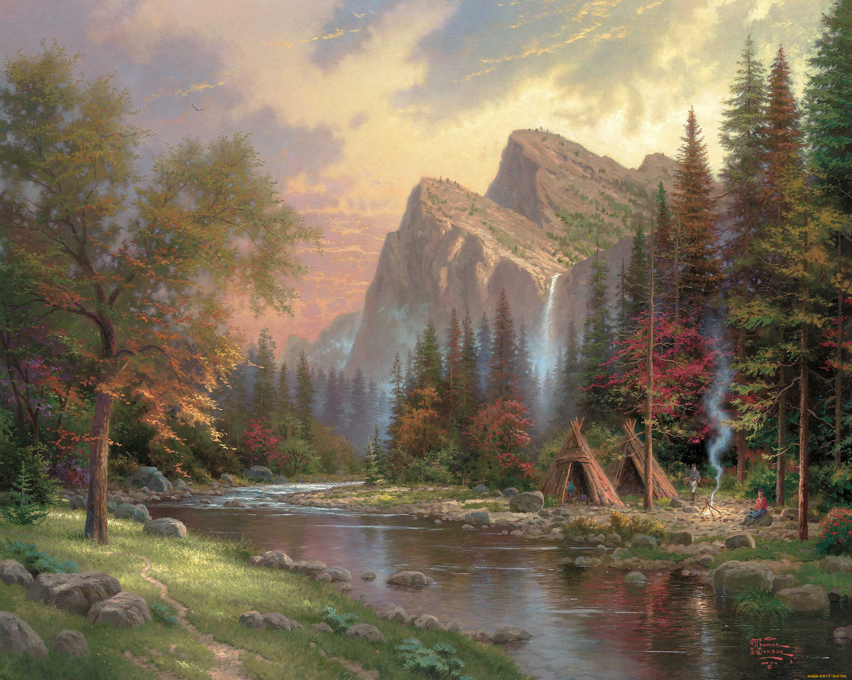 the, mountains, declare, his, glory, рисованные, thomas, kinkade, томас, кинкейд, шалаш, юрта, костер