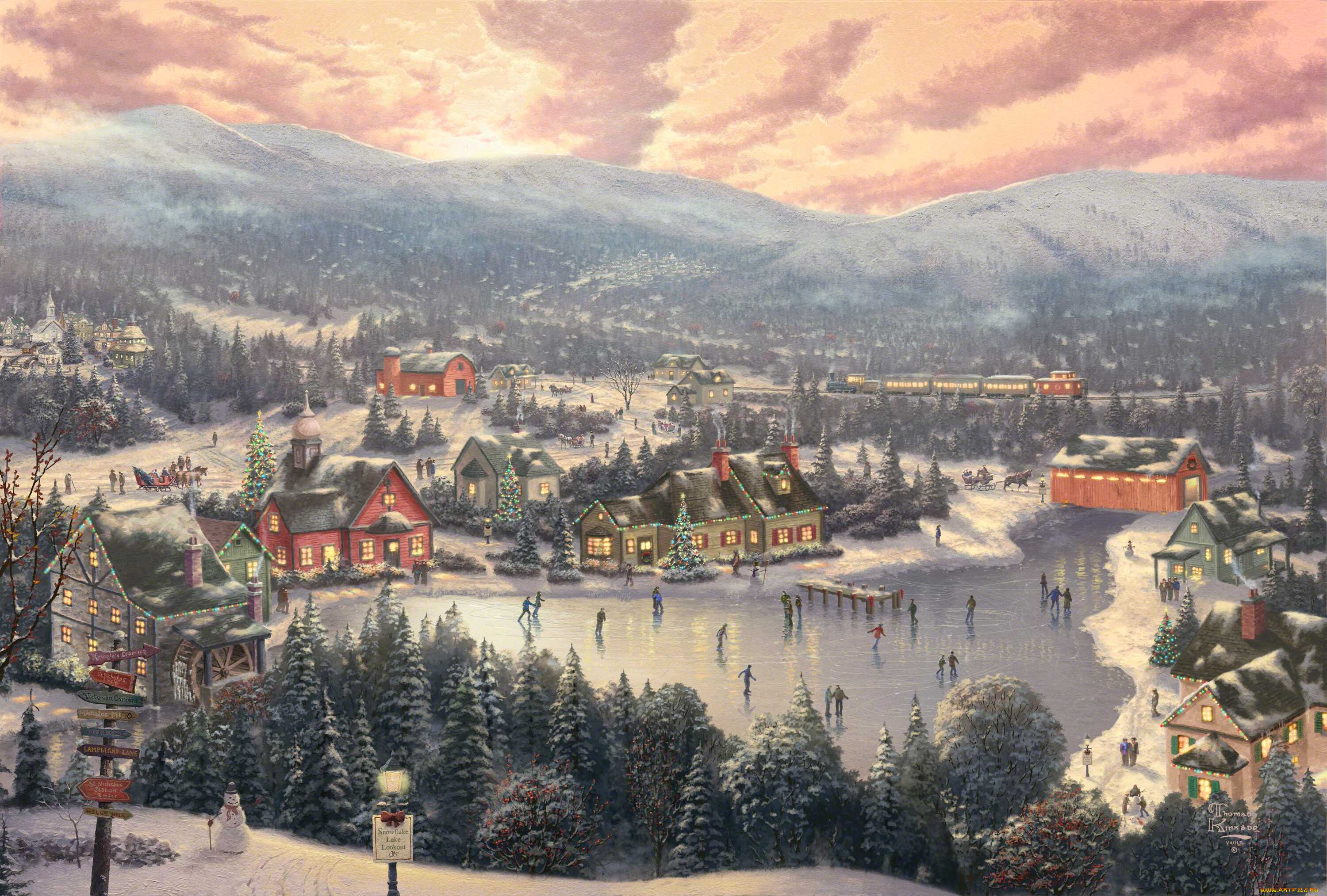 sunset, on, snowflake, lake, рисованные, thomas, kinkade, зима, каток, озеро, город, томас, кинкейд