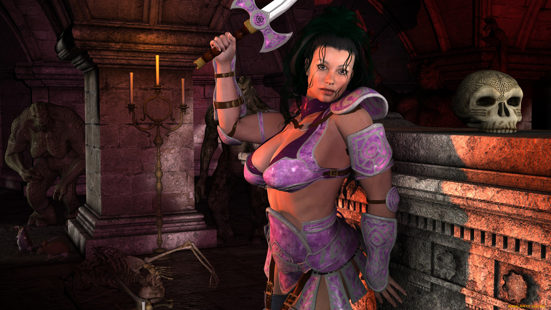 3д, графика, фантазия, , fantasy, существа, череп, оружие, фон, взгляд, девушка