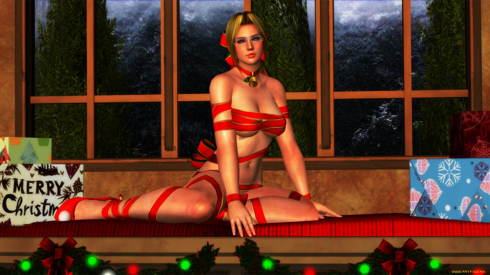 3д, графика, праздники, , holidays, девушка, подарок, фон, взгляд