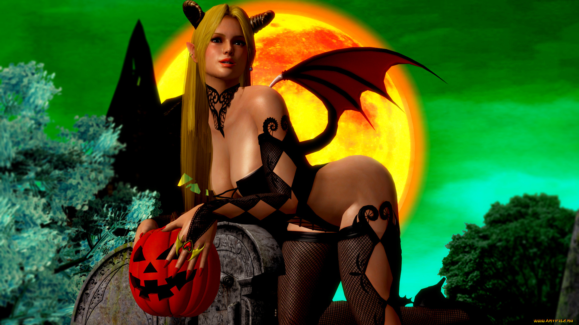 3д, графика, праздники, , holidays, тыква, демон, фон, взгляд, девушка