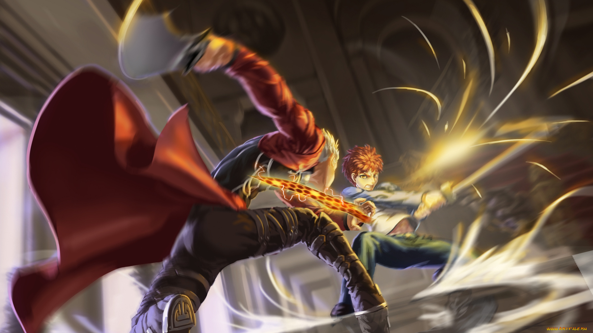 аниме, fate, stay, night, scrap, iron, бой, искры, движение, эмия, арчер, парни, арт, emiya, shirou, archer, stay, night