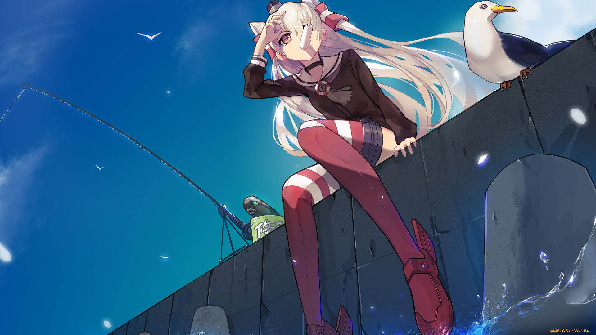 аниме, kantai, collection, amatsukaze, kancolle, tagme, artist, kantai, collection, арт, девушка, удочка, мороженное, чайка