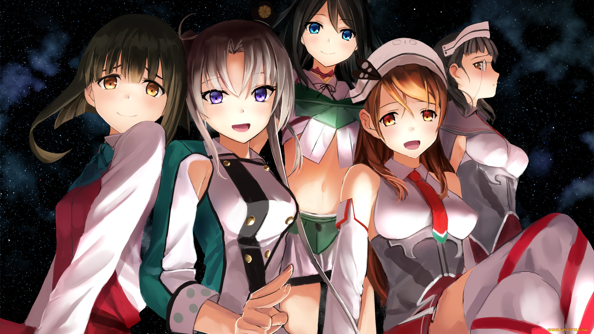 аниме, kantai, collection, арт, kancolle, katsuragi, звёздное, небо, akitsushima, kantai, collection, akabane, rin, takanami, roma, littorio, девушки, ночь