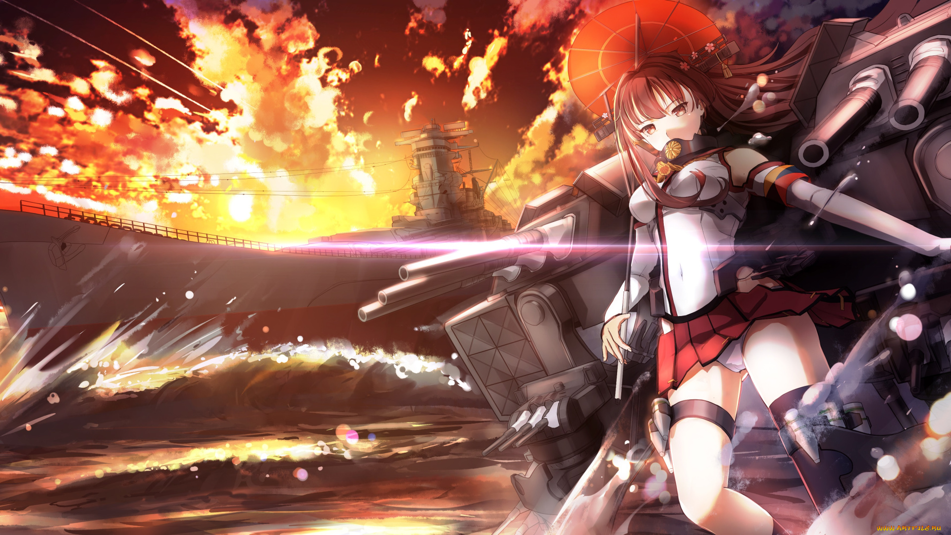 аниме, kantai, collection, закат, море, kancolle, magicians, арт, девушка, kantai, collection, оружие, yamato, корабль, небо, облака