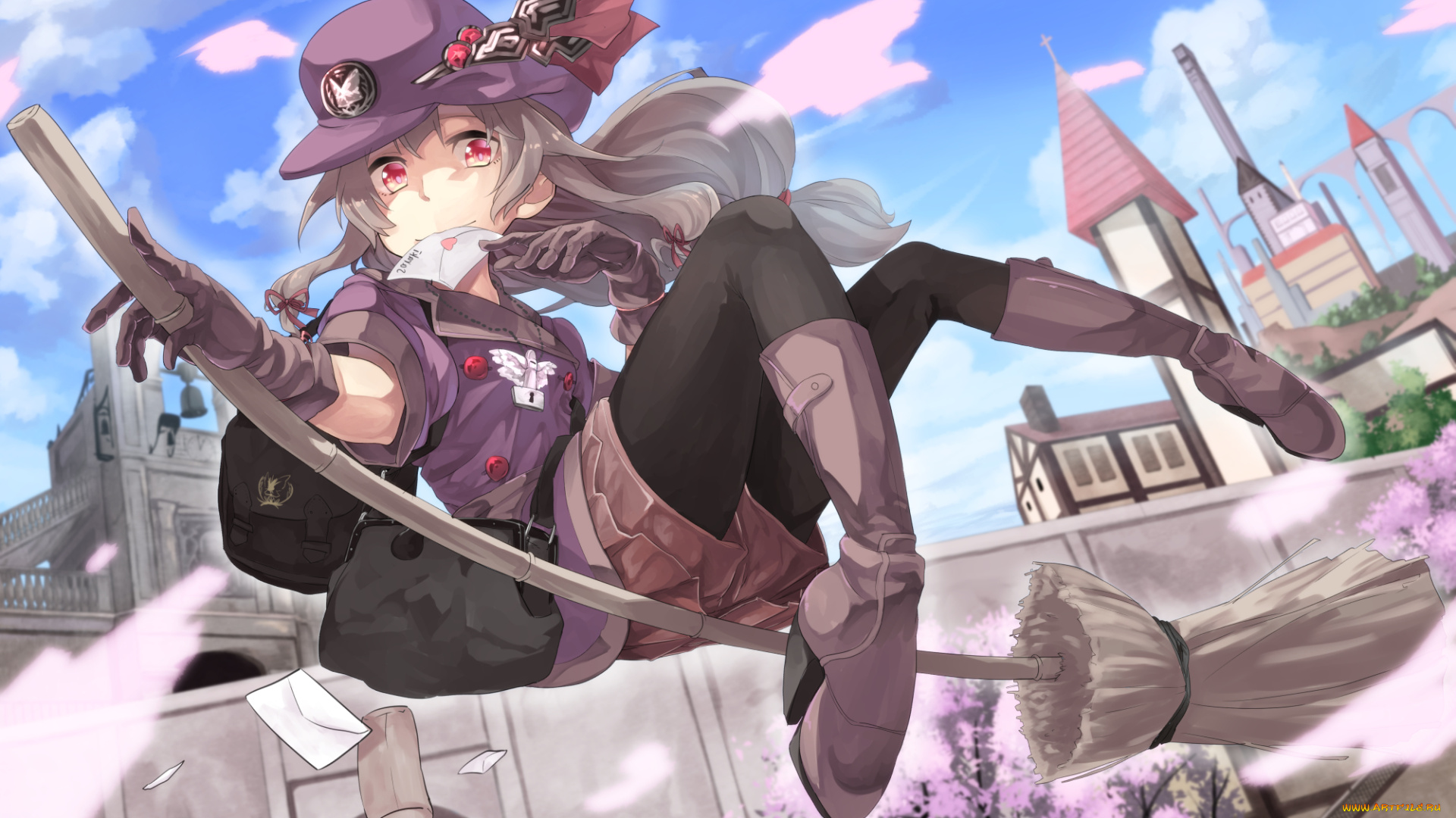 аниме, магия, , колдовство, , halloween, метла, девушка, арт, saraki, весна, письма, почта, город