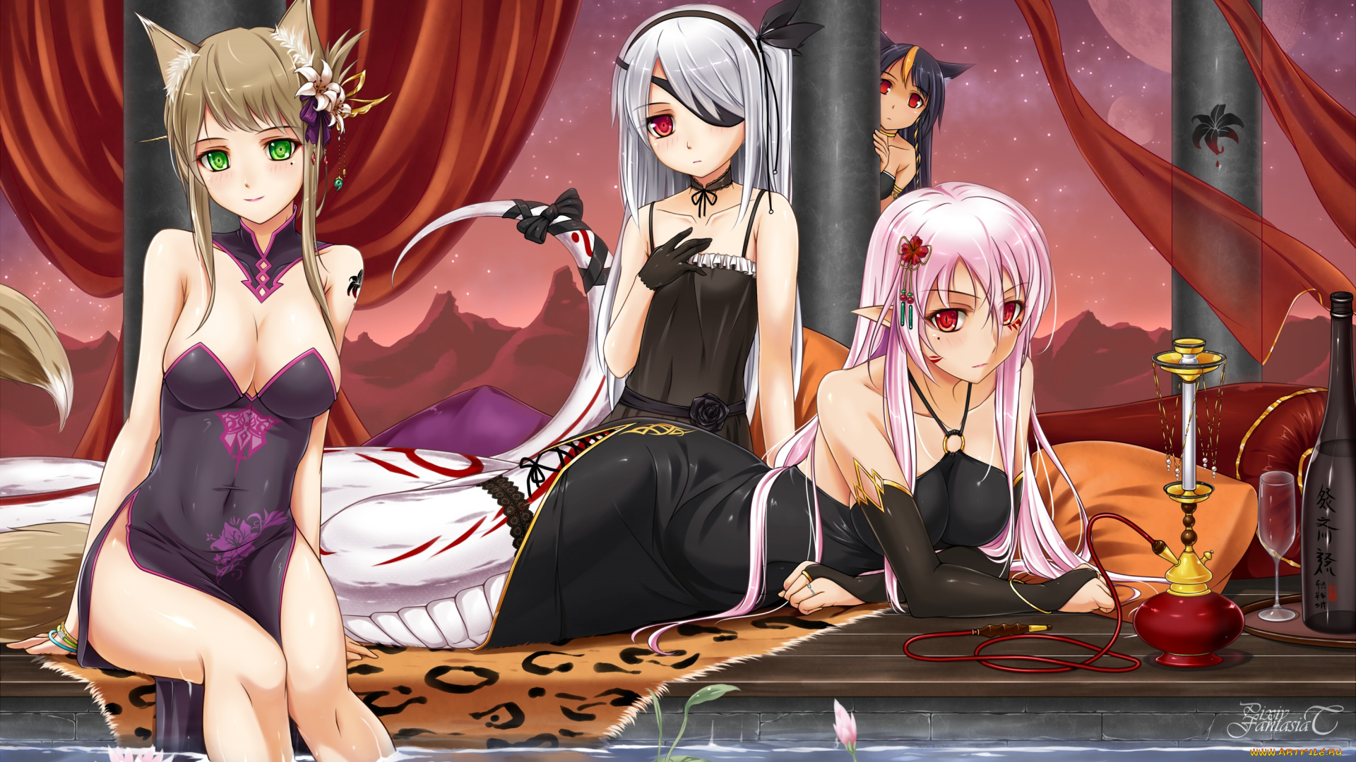 аниме, pixiv, fantasia, водяные, лилии, цветы, pixiv, fantasia, midnight, арт, вода, существа, эльф, девушки