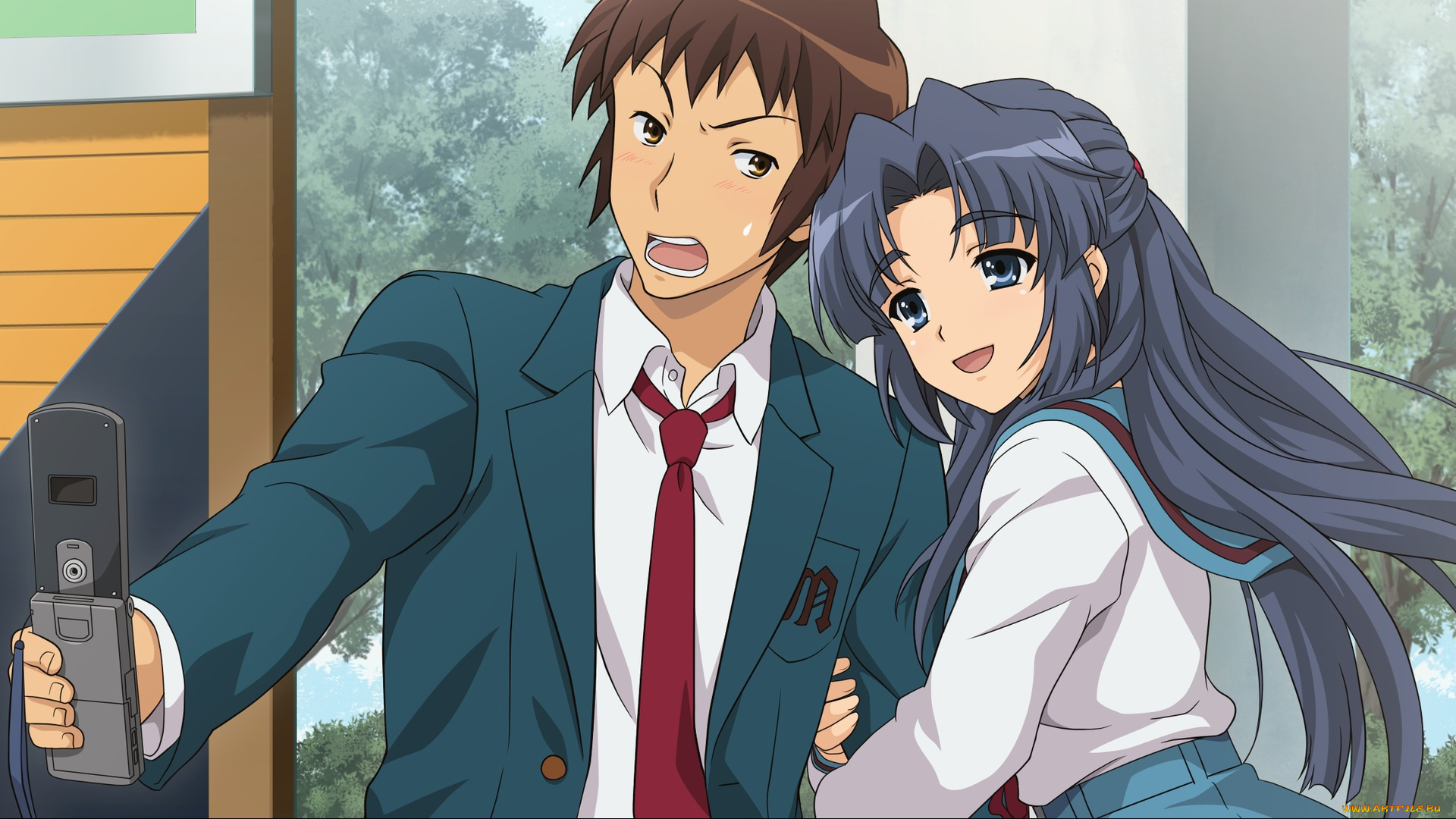 аниме, the, melancholy, of, haruhi, suzumiya, телефон, девушка, suzumiya, haruhi, no, yuutsu, asakura, ryouko, парень, kyon