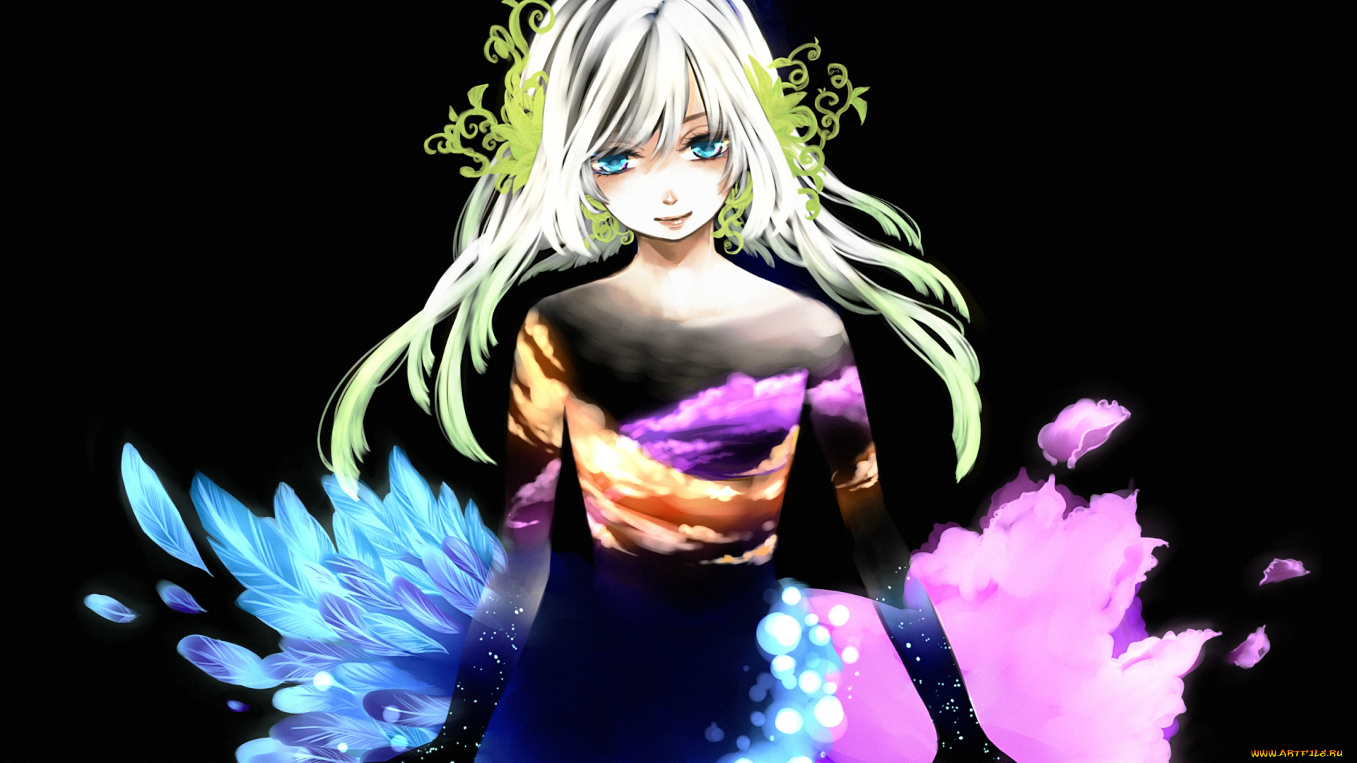 аниме, unknown, , другое, арт, краски, перья, улыбка, девушка, he-zo