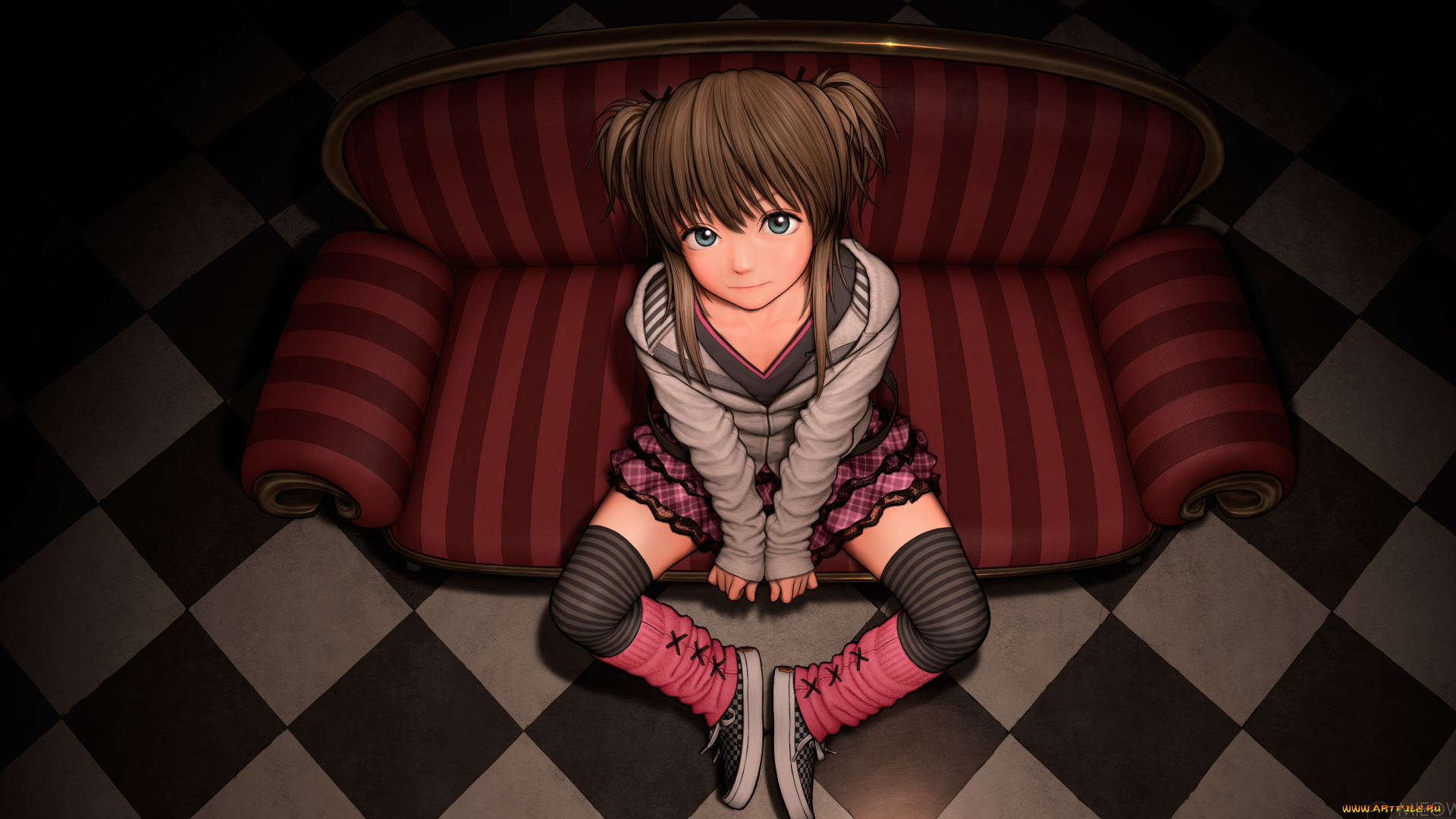 аниме, unknown, , другое, девушка, арт, rustle, диван, сидит, взгляд