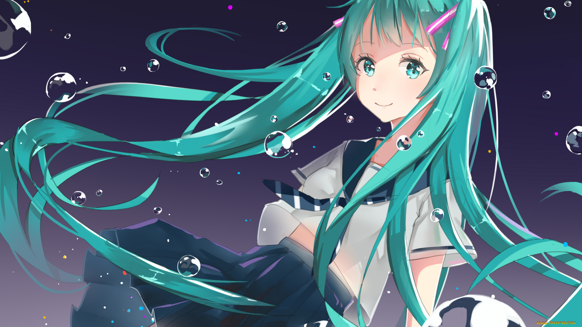 аниме, vocaloid, hatsune, miku, арт, пузыри, взгляд, девочка