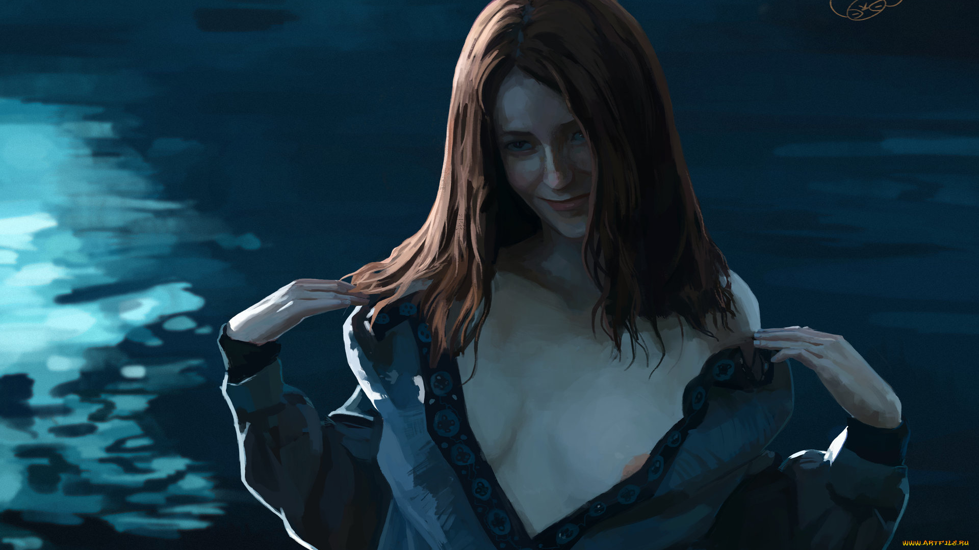 рисованное, люди, улыбка, взгляд, рыжая, живопись, эротика, арт, вода, девушка