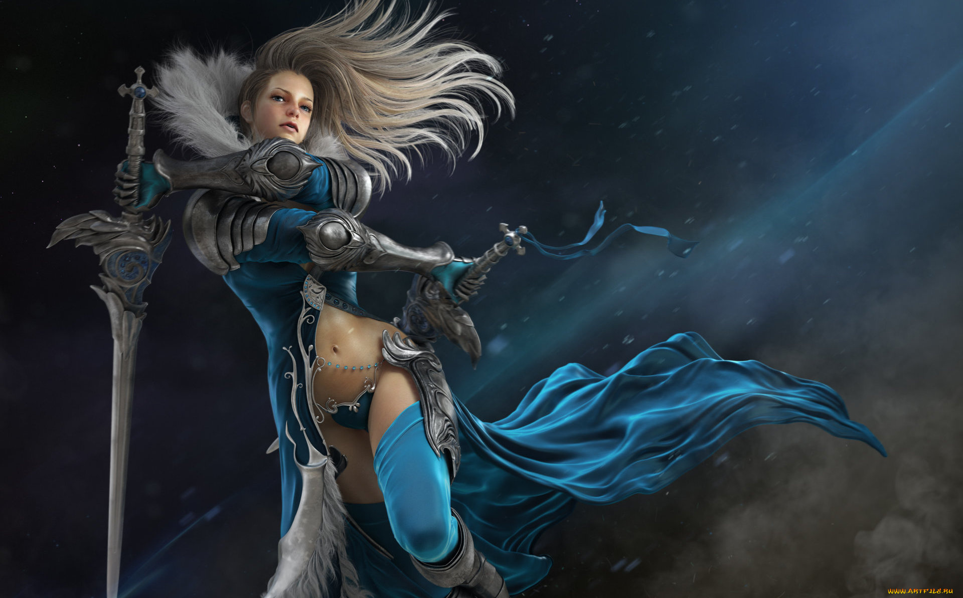 фэнтези, девушки, фоспехи, волосы, взгляд, меч, арт, эротика, оружие, платье