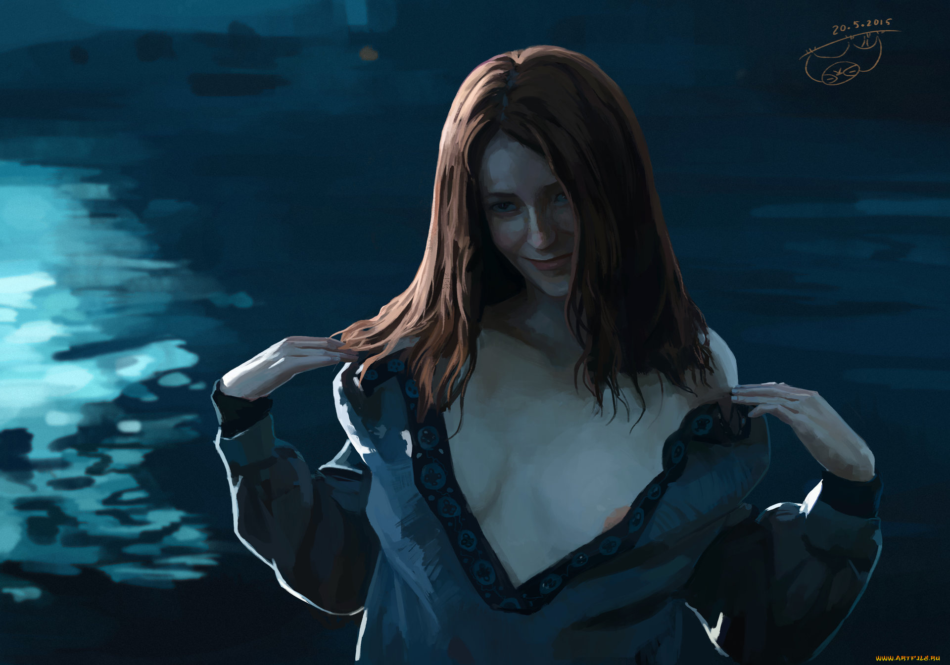 рисованное, люди, улыбка, взгляд, рыжая, живопись, эротика, арт, вода, девушка