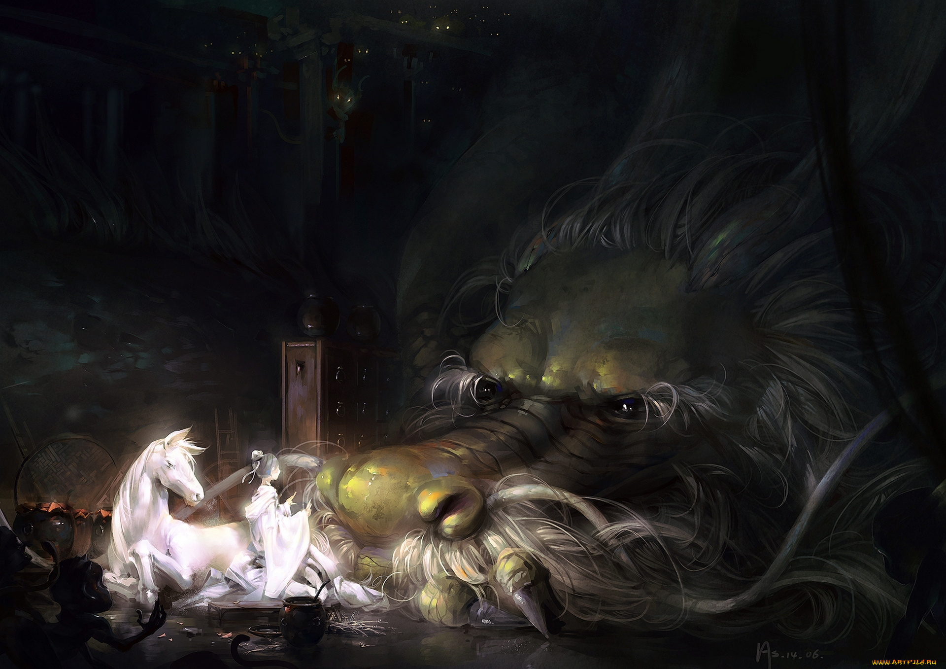 аниме, животные, , существа, лошадь, чудовище, девушка, дракон, арт, a-shacho