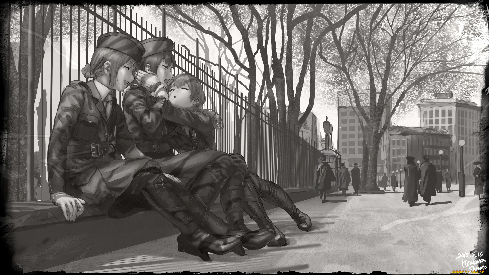 аниме, unknown, , другое, genso, деревья, военная, люди, улица, чёрно-беая, забор, форма, парень, арт, девушки