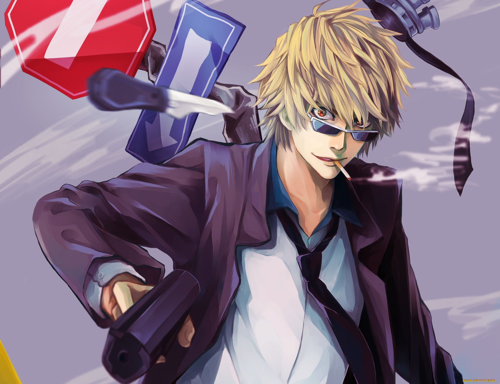 аниме, dyurarara, хейвалжима, шизуо, нож, очки, парень, арт, пистолет, взгляд