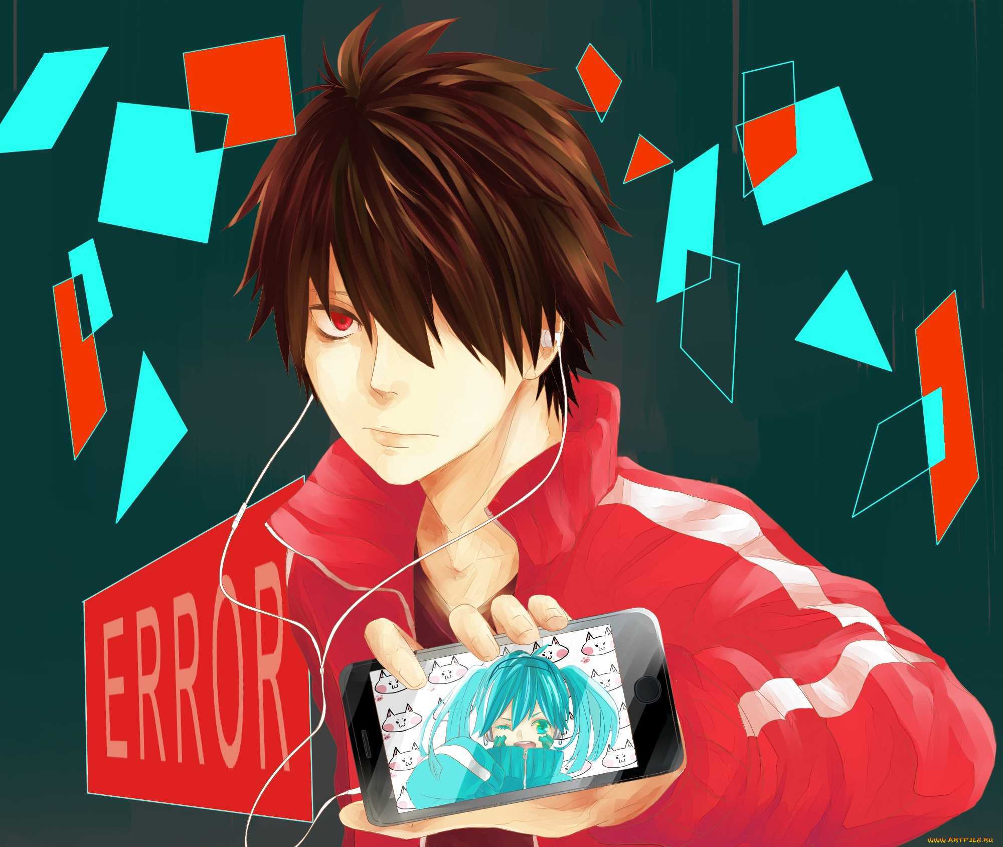 аниме, kagerou, project, парень, телефон, наушники, арт