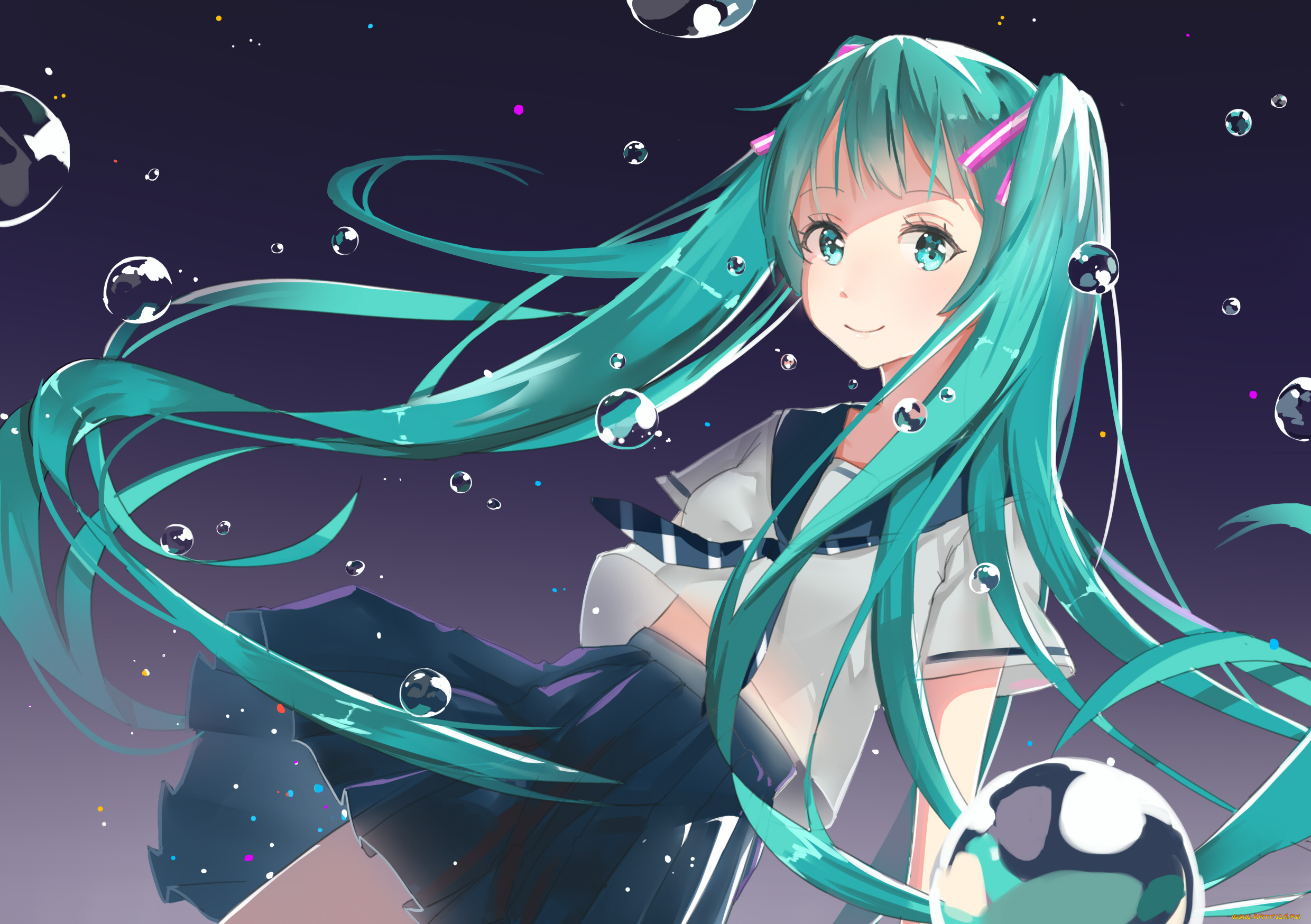 аниме, vocaloid, hatsune, miku, арт, пузыри, взгляд, девочка
