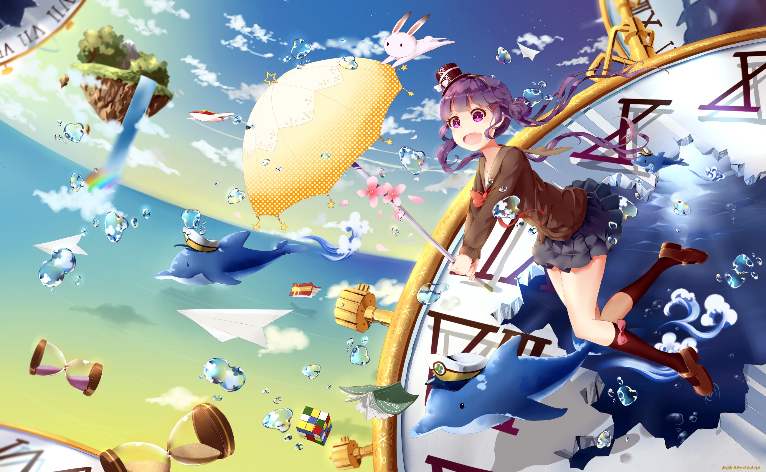 аниме, животные, , существа, часы, небо, пузырьки, кролик, дельфин, девочка, зонт, shakugan, natural, stay, арт