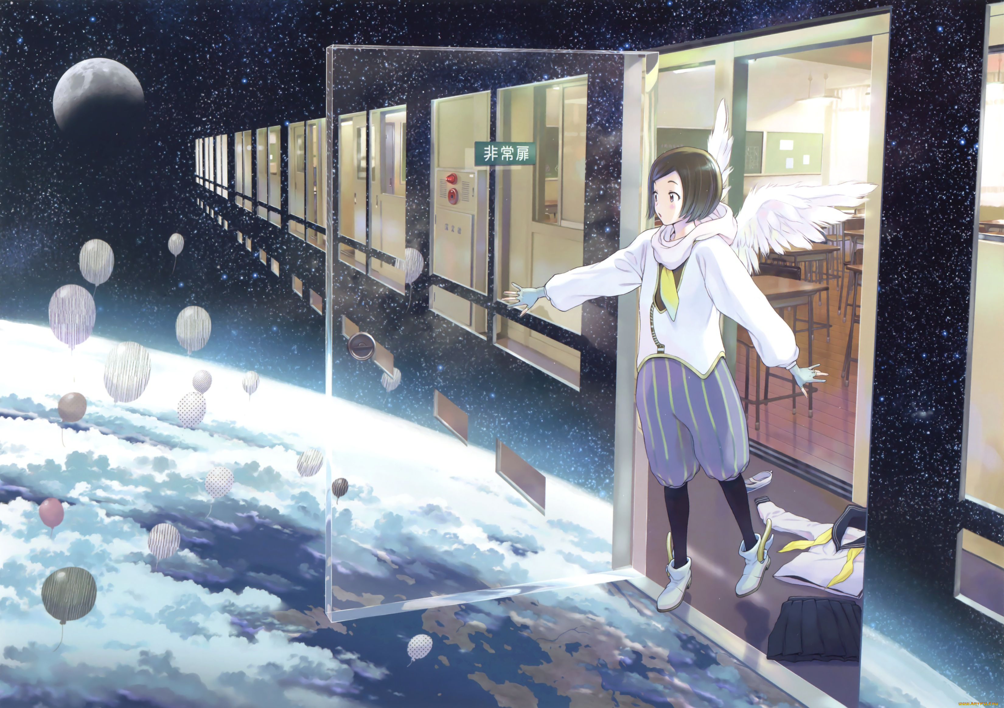 аниме, ангелы, , демоны, шары, ангел, дверь, планеты, космос, арт