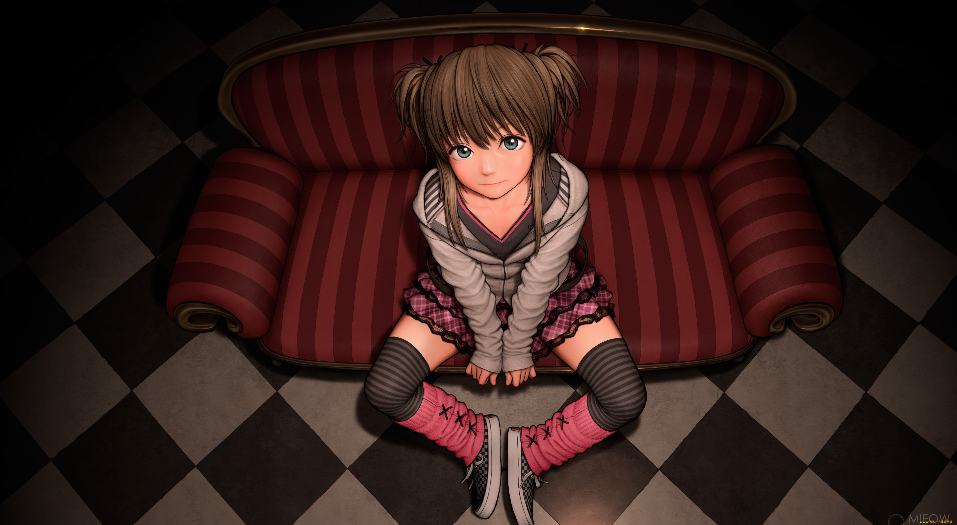 аниме, unknown, , другое, девушка, арт, rustle, диван, сидит, взгляд