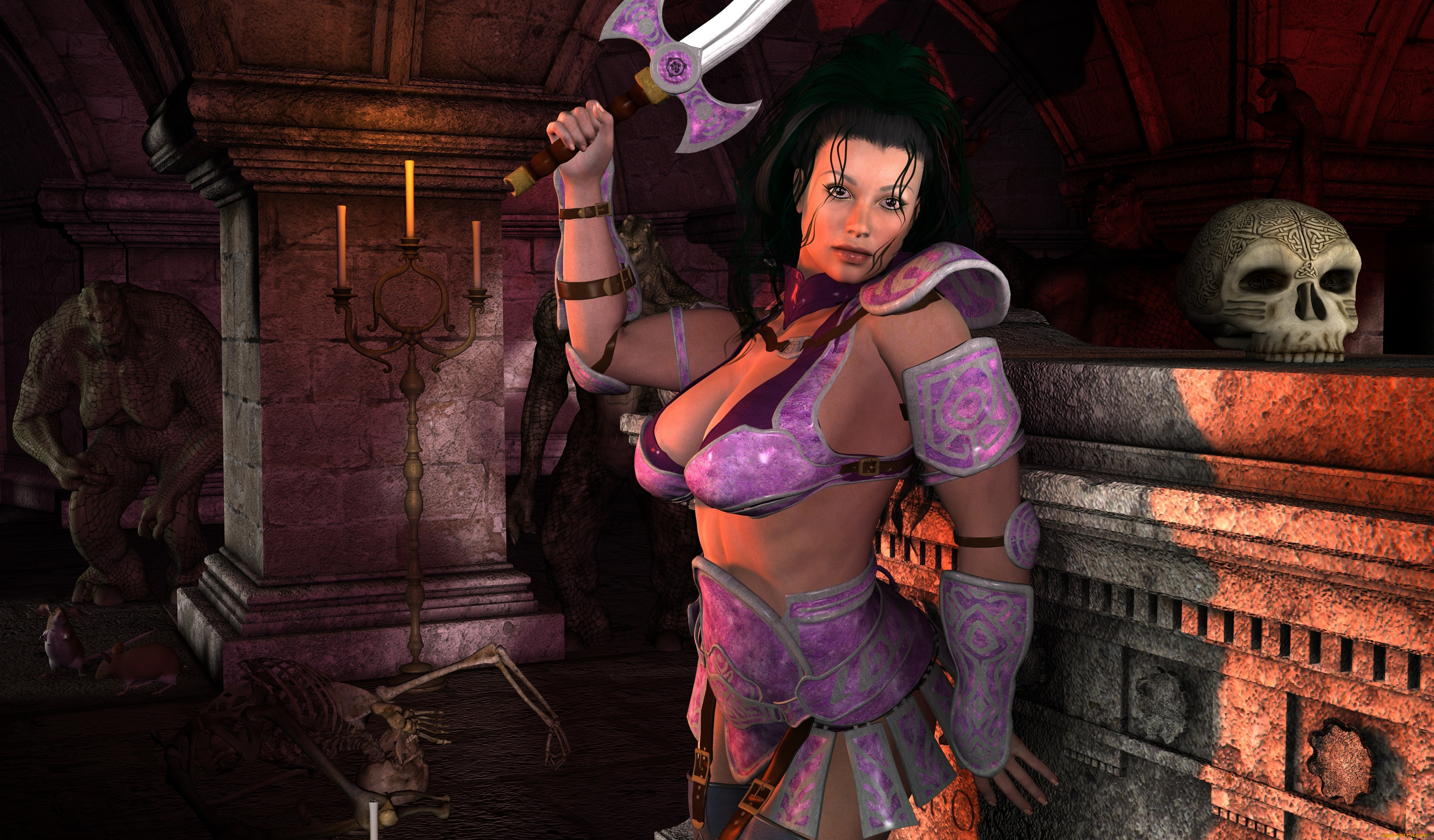 3д, графика, фантазия, , fantasy, существа, череп, оружие, фон, взгляд, девушка