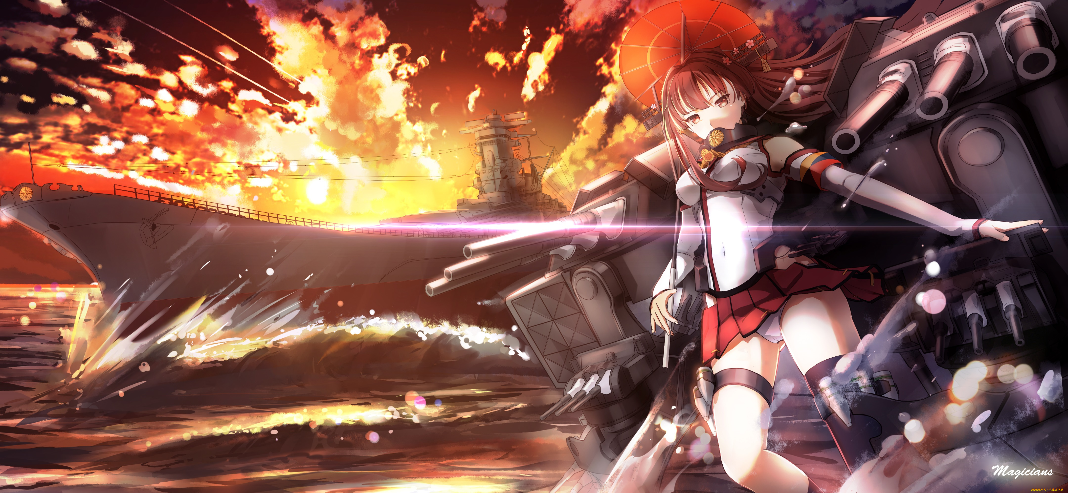 аниме, kantai, collection, закат, море, kancolle, magicians, арт, девушка, kantai, collection, оружие, yamato, корабль, небо, облака