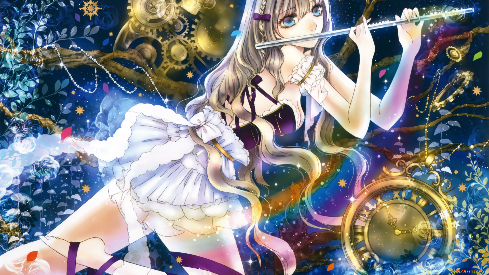 аниме, музыка, девушка, флейта