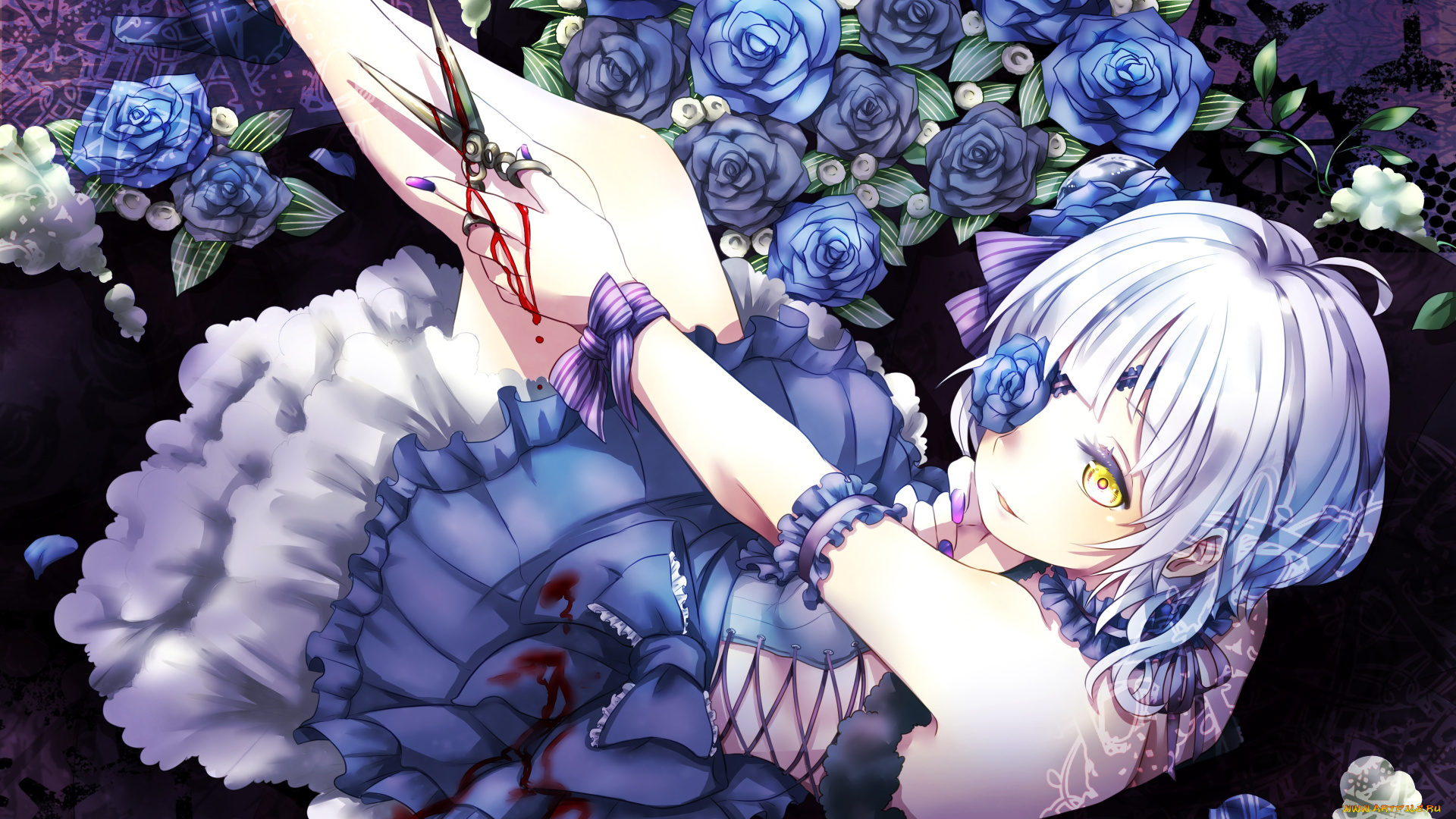 аниме, unknown, , другое, девушка, цветы, ножницы