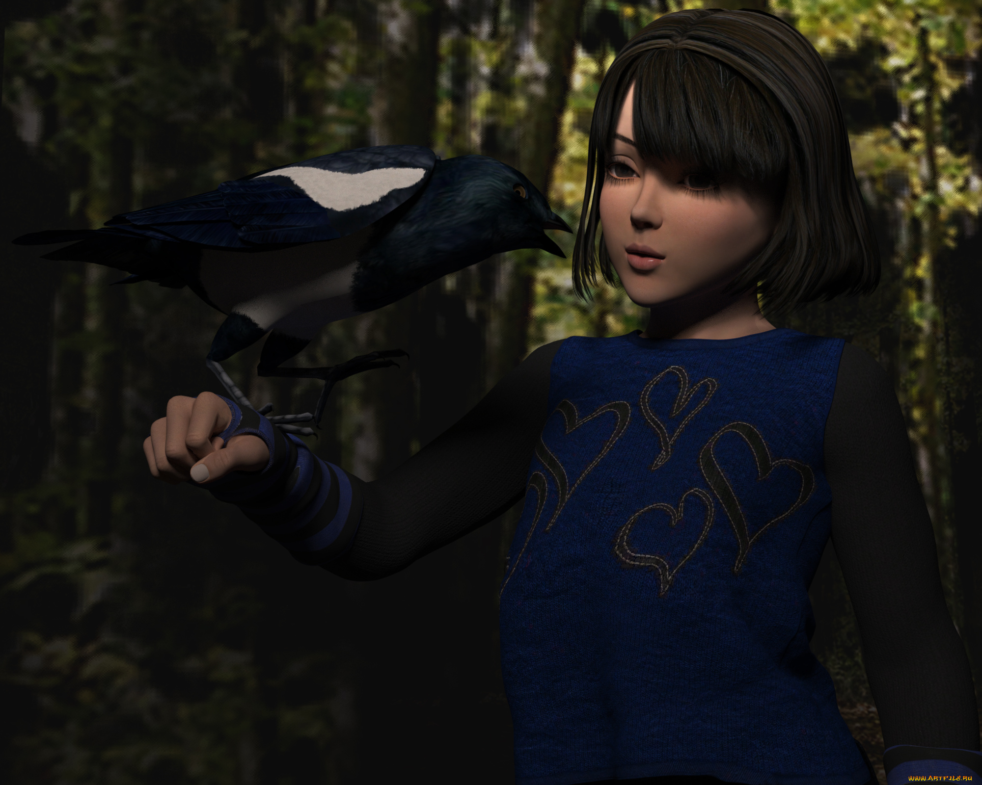 3д, графика, фантазия, , fantasy, девушка, взгляд, фон, ворона