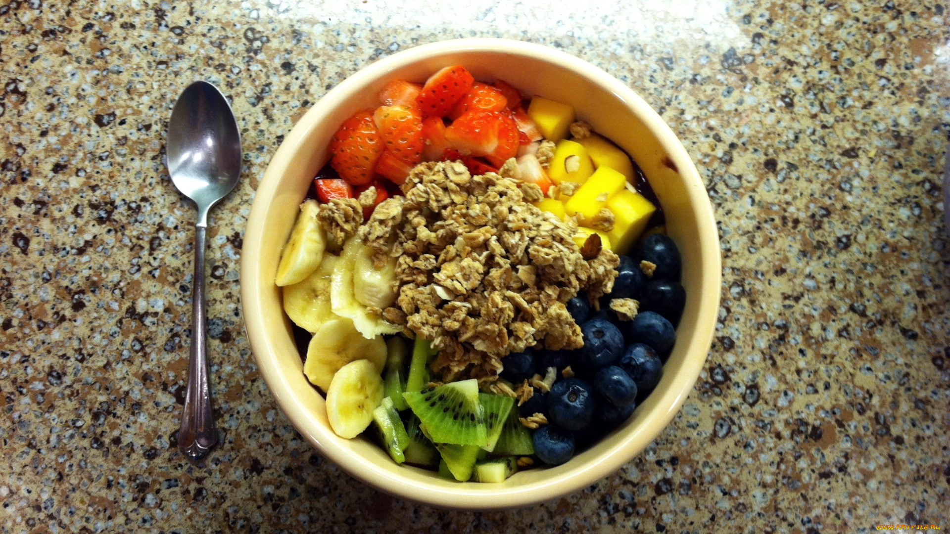 еда, мюсли, , хлопья, ягоды, банан, черника, клубника