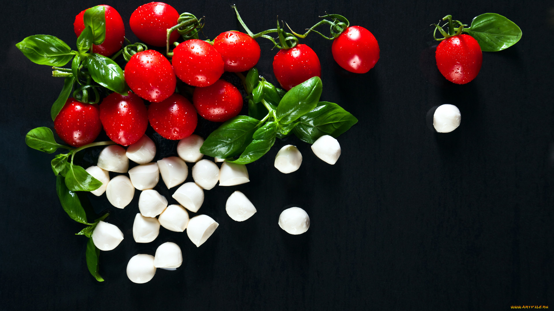 еда, разное, моцарелла, сыр, черри, базилик, помидоры, томаты