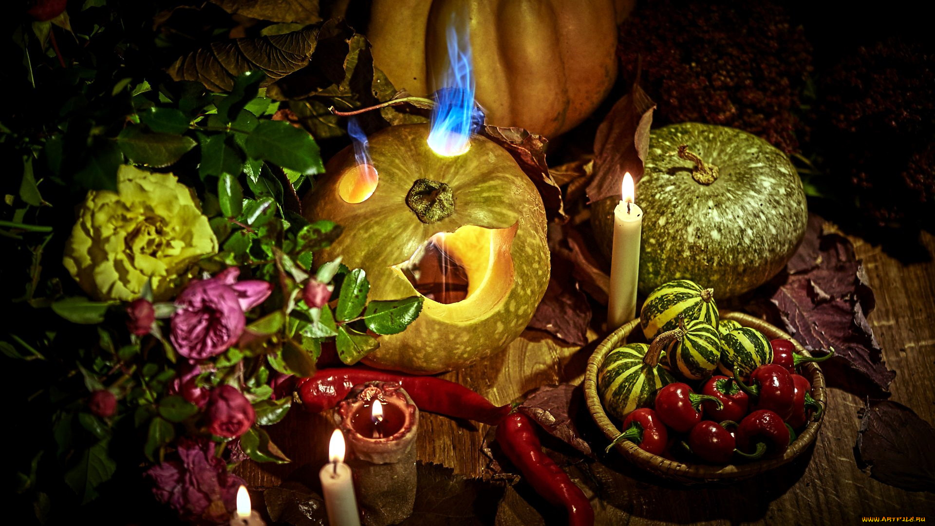 праздничные, хэллоуин, тыква, свечи, перец, пламя