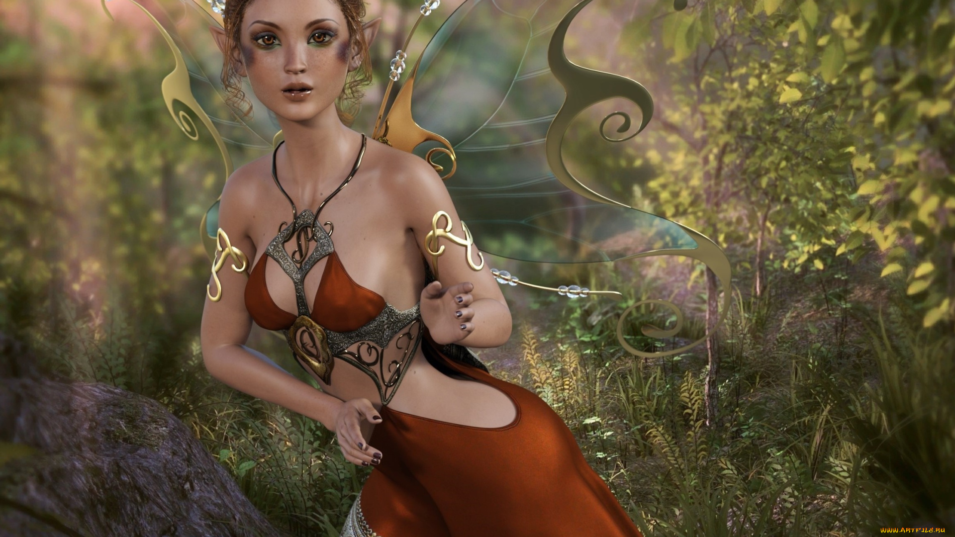 3д, графика, эльфы, , elves, фон, взгляд, эльфийка