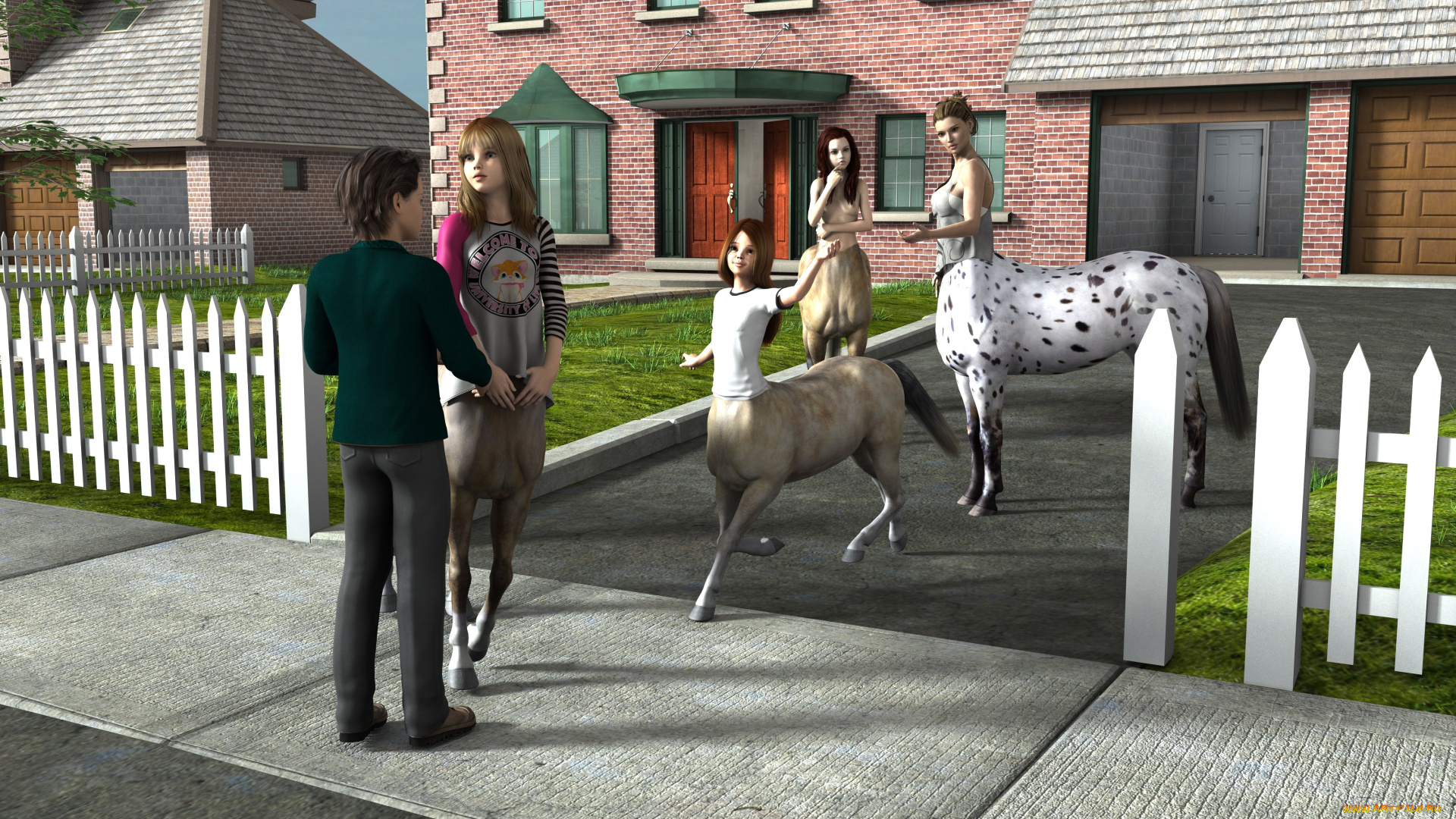 3д, графика, существа, , creatures, фон, парень, кентавры, взгляд, девушки