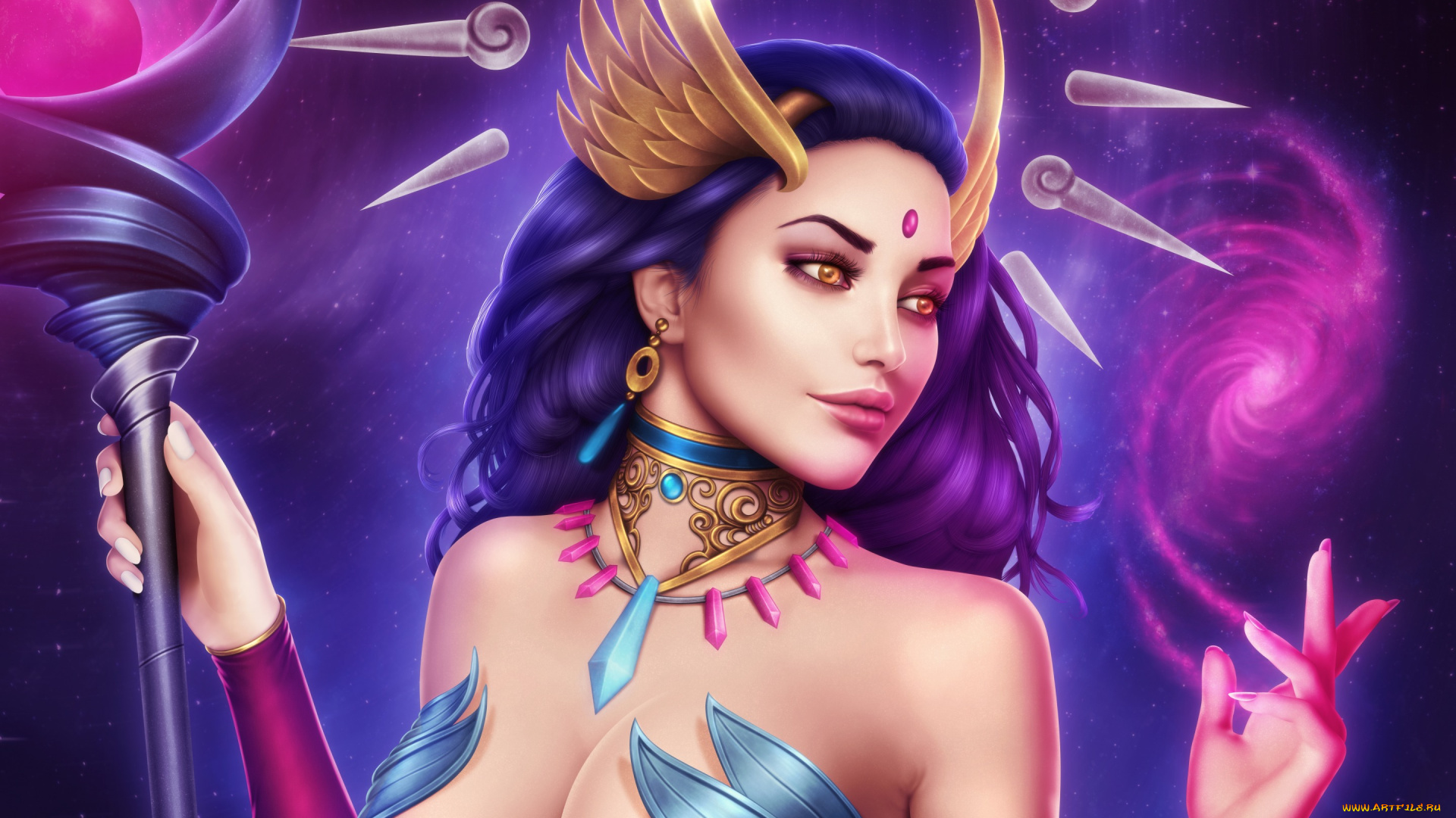 фэнтези, девушки, lana, solaris, красавица, волосы, фантастика, грудь, посох, арт, взгляд, маг