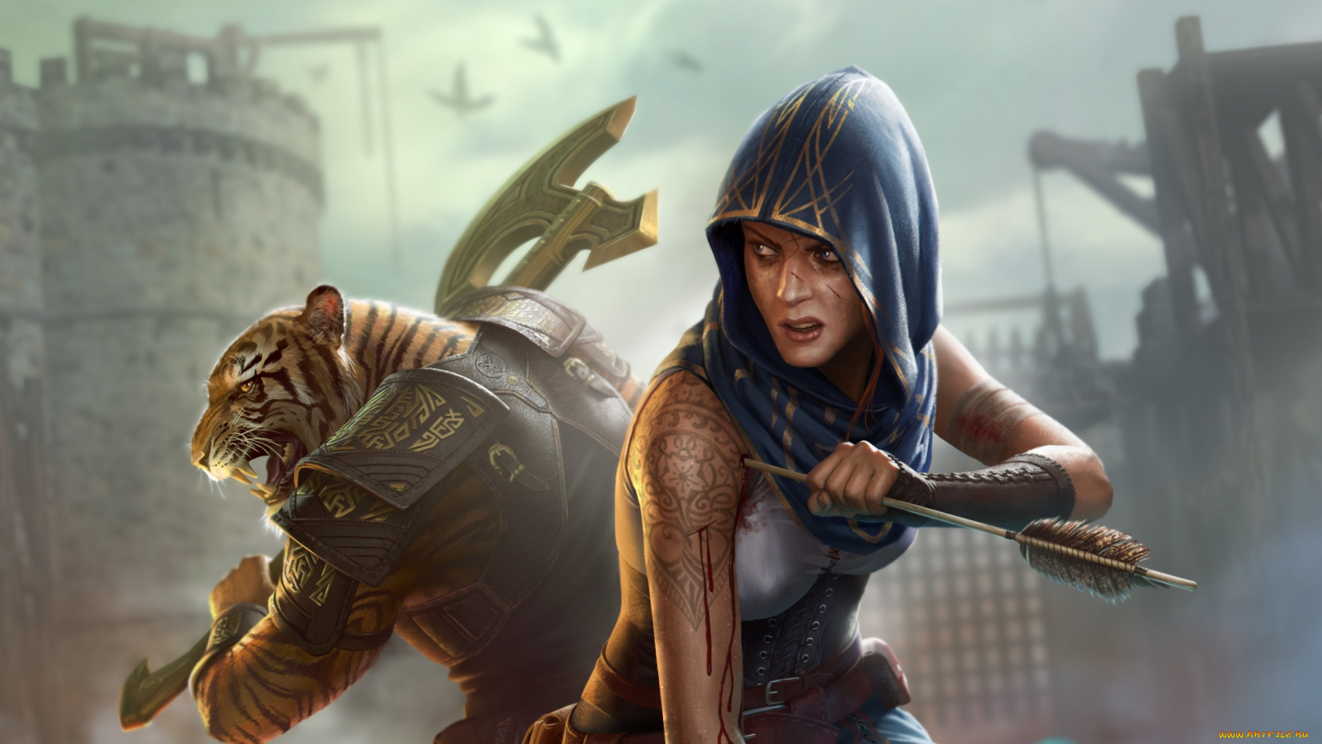 фэнтези, красавицы, и, чудовища, топор, капюшон, арт, воин, тигр, девушка, фантастика, стрела
