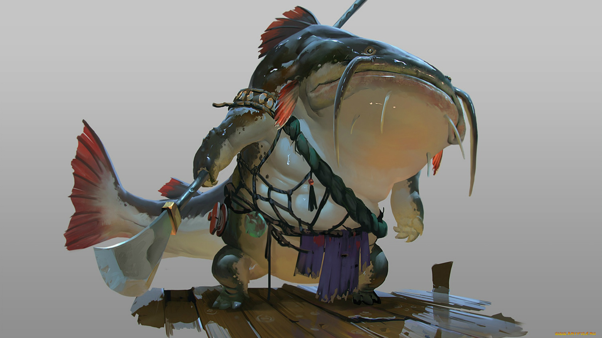 фэнтези, существа, усищи, мутант, секира, монстр, rudy, siswanto, art, рыбища, морда, набедренная, повязка