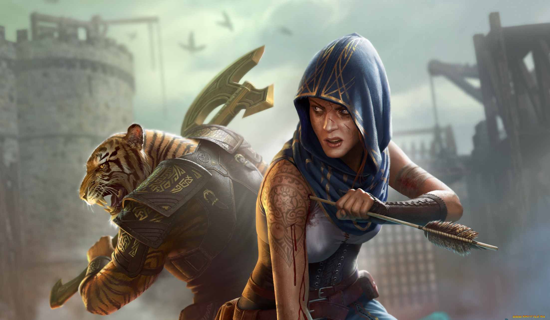 фэнтези, красавицы, и, чудовища, топор, капюшон, арт, воин, тигр, девушка, фантастика, стрела