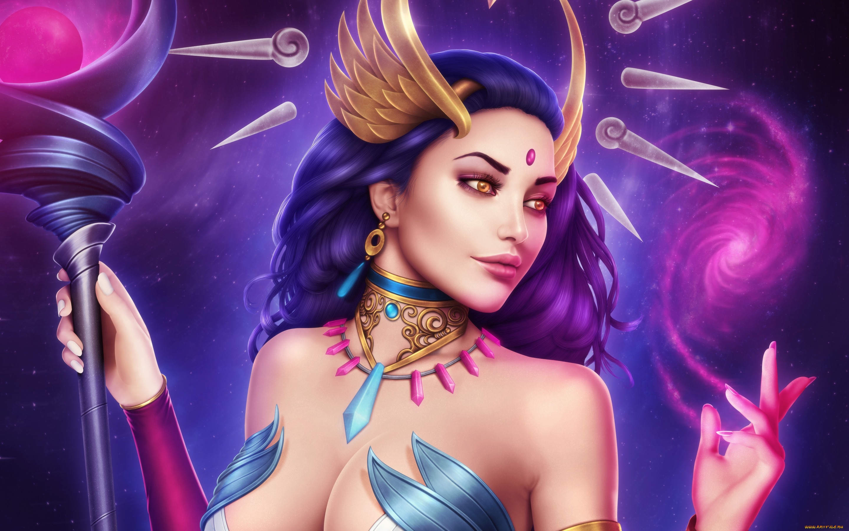 фэнтези, девушки, lana, solaris, красавица, волосы, фантастика, грудь, посох, арт, взгляд, маг