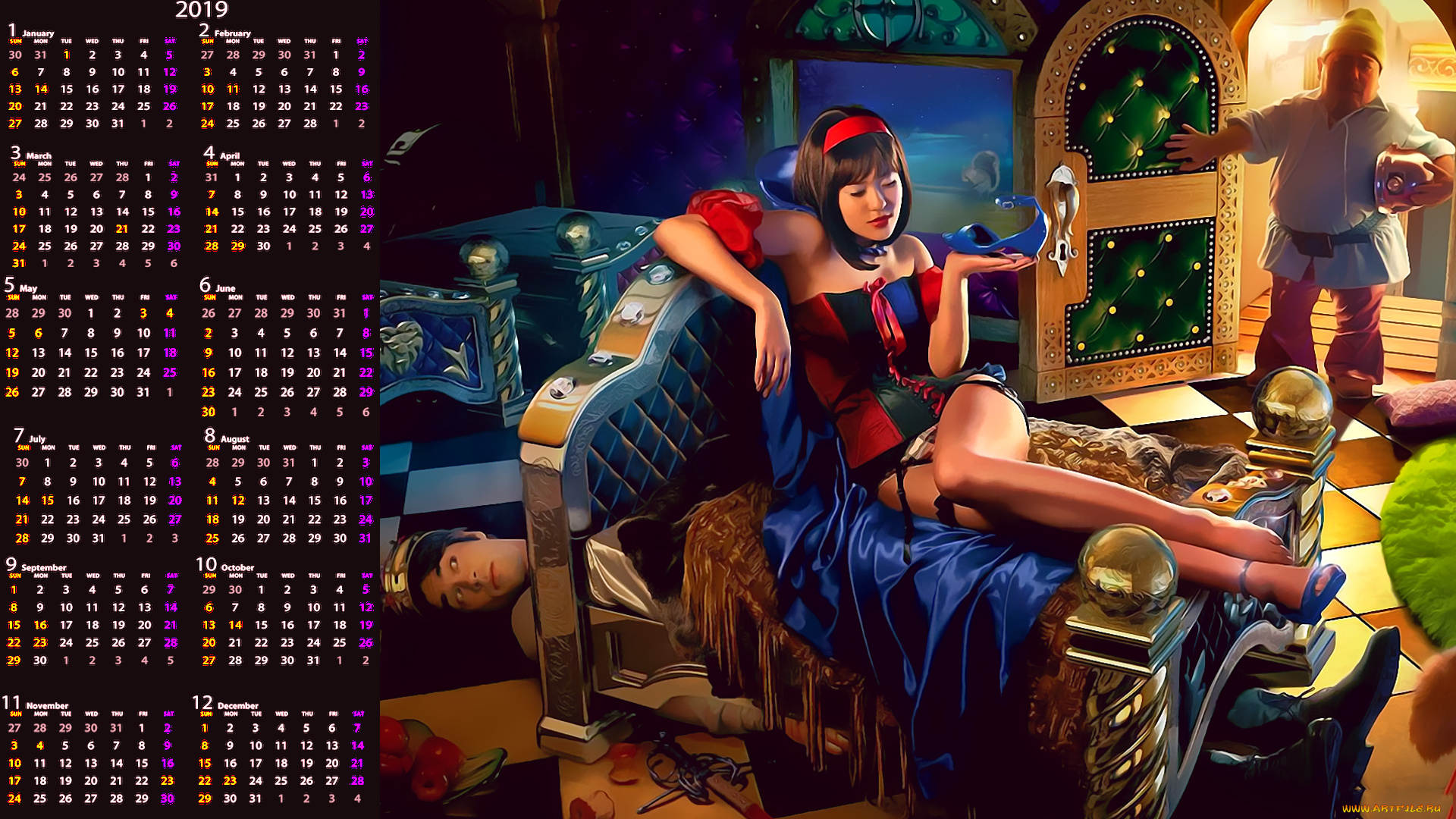 календари, фэнтези, дверь, комната, кровать, мужчина, девушка